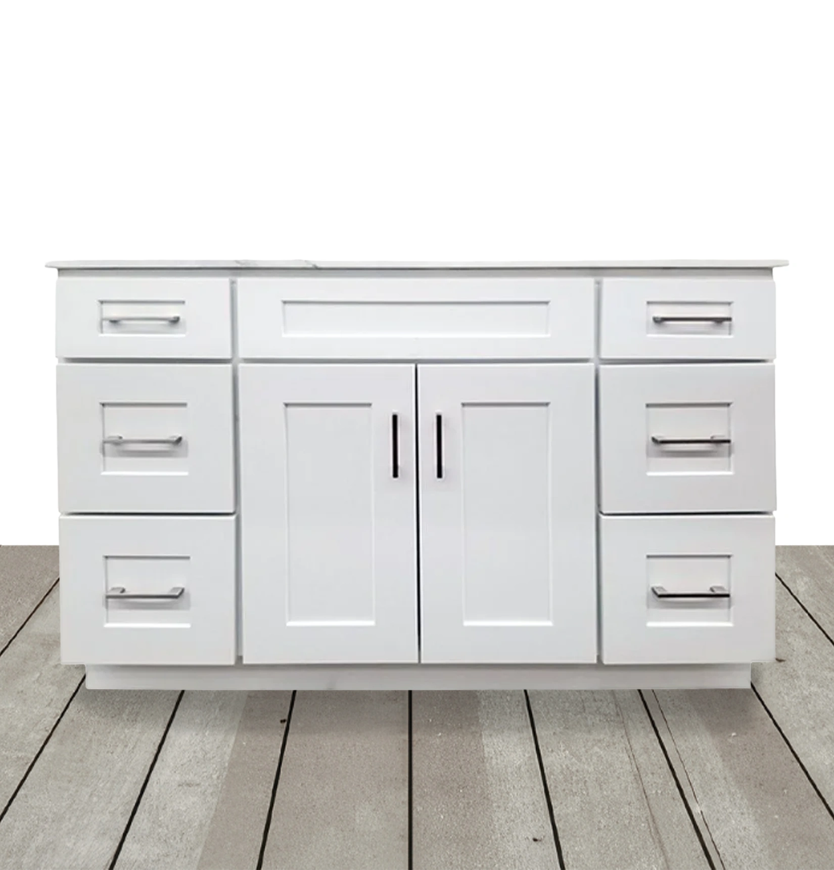 White shaker vanity with marble top