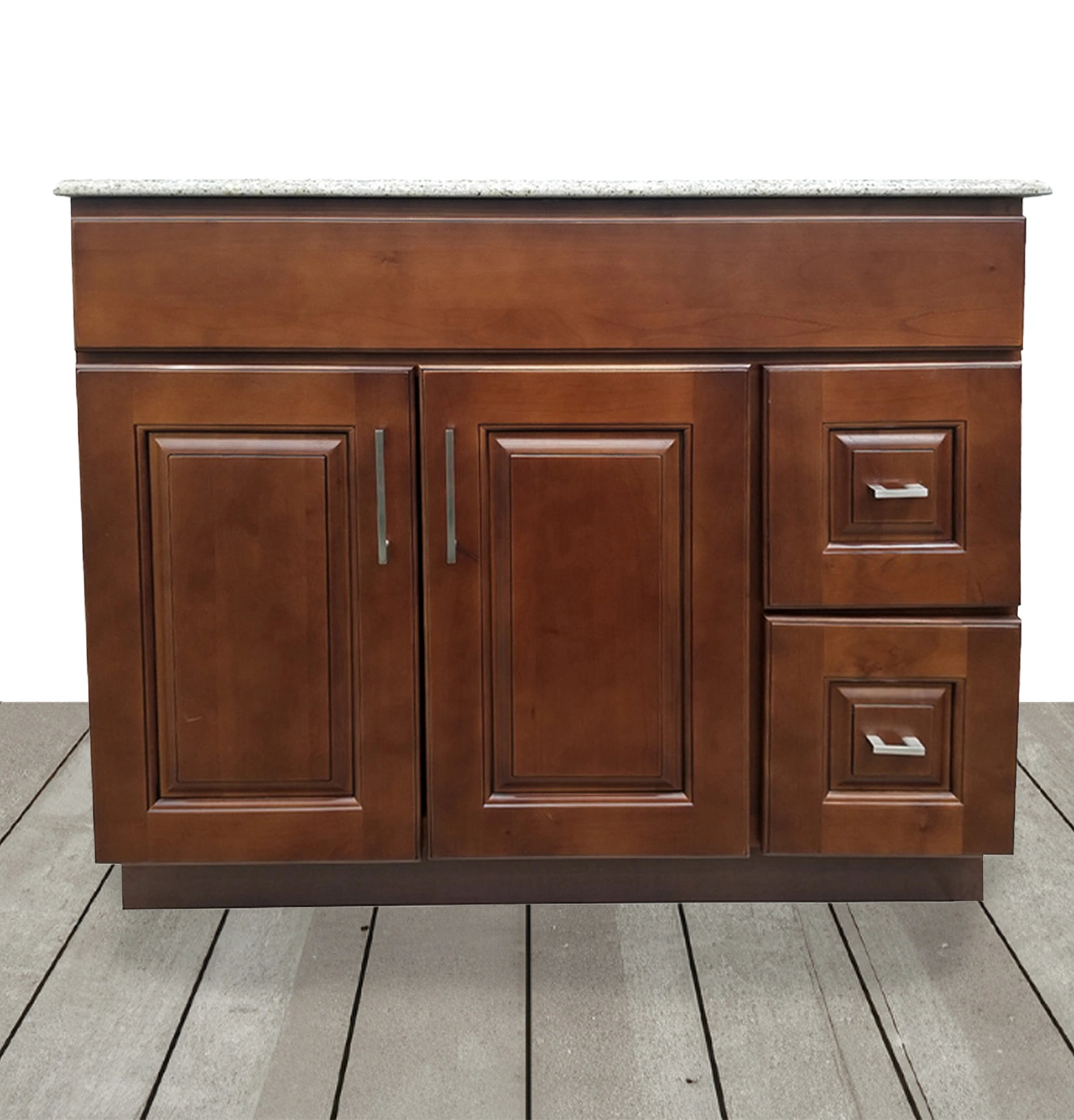 Espresso brown wood vanity cabinet with granite top