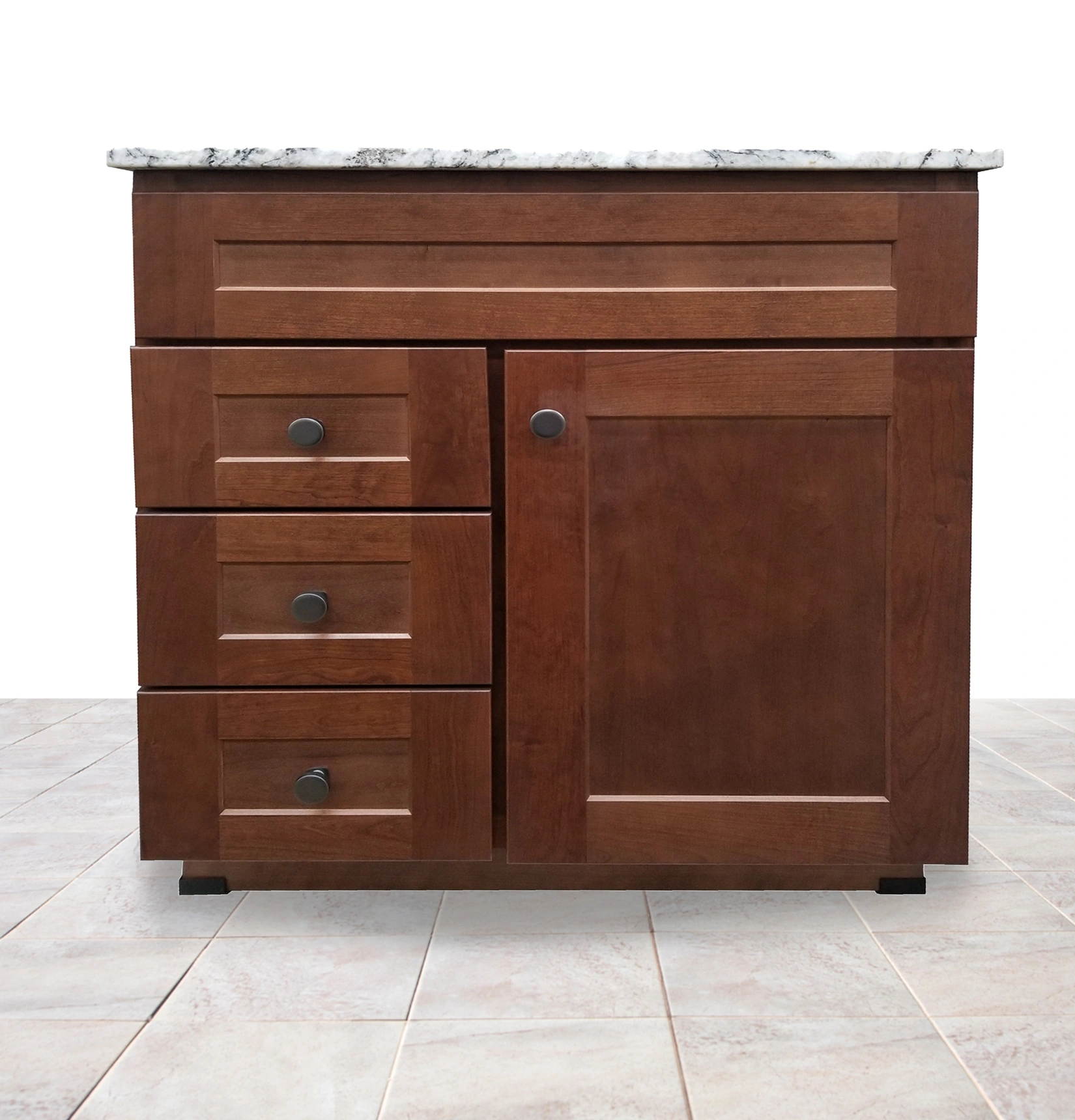 Cherry wood bathroom vanity with marble top
