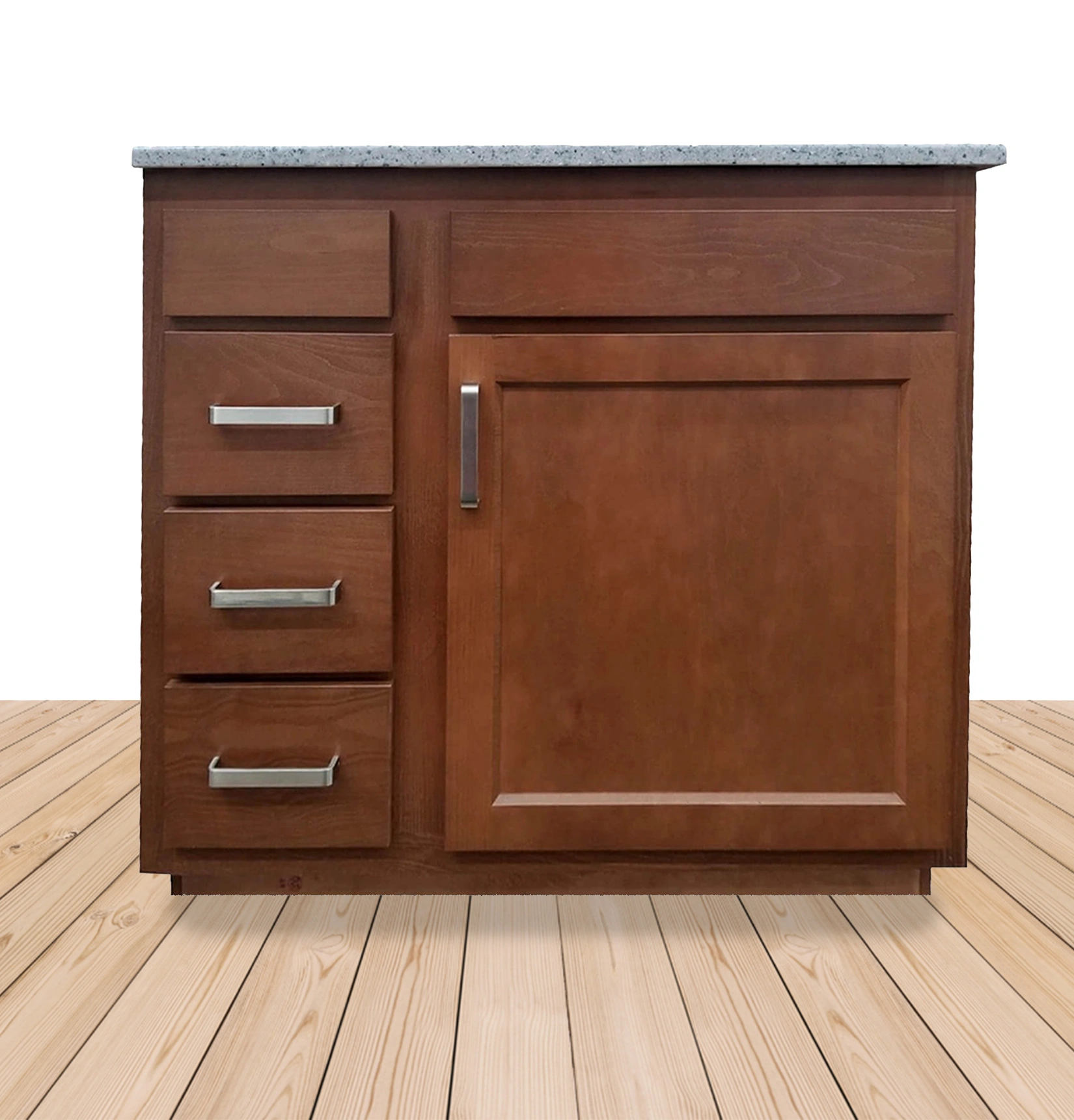 Reddish brown wood vanity with granite top