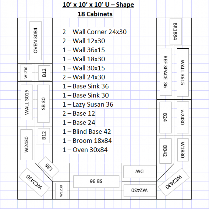 10'x10'x10' U Shape 18 kitchen cabinets