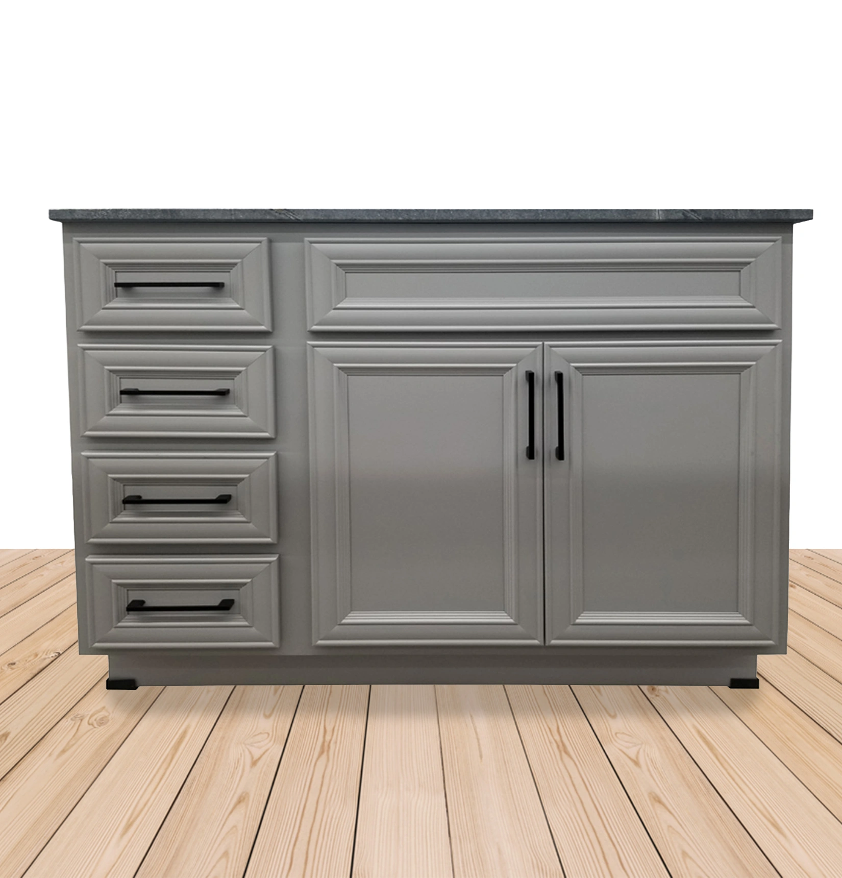 Grey vanity cabinet with dark stone top
