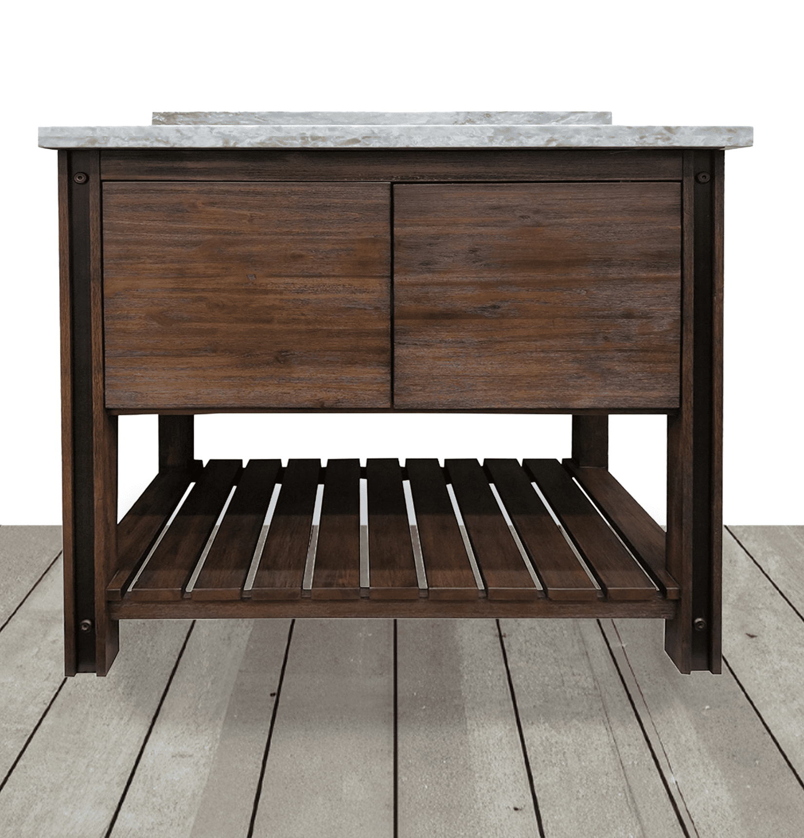 Chestnut brown vanity cabinet with open slatted shelf