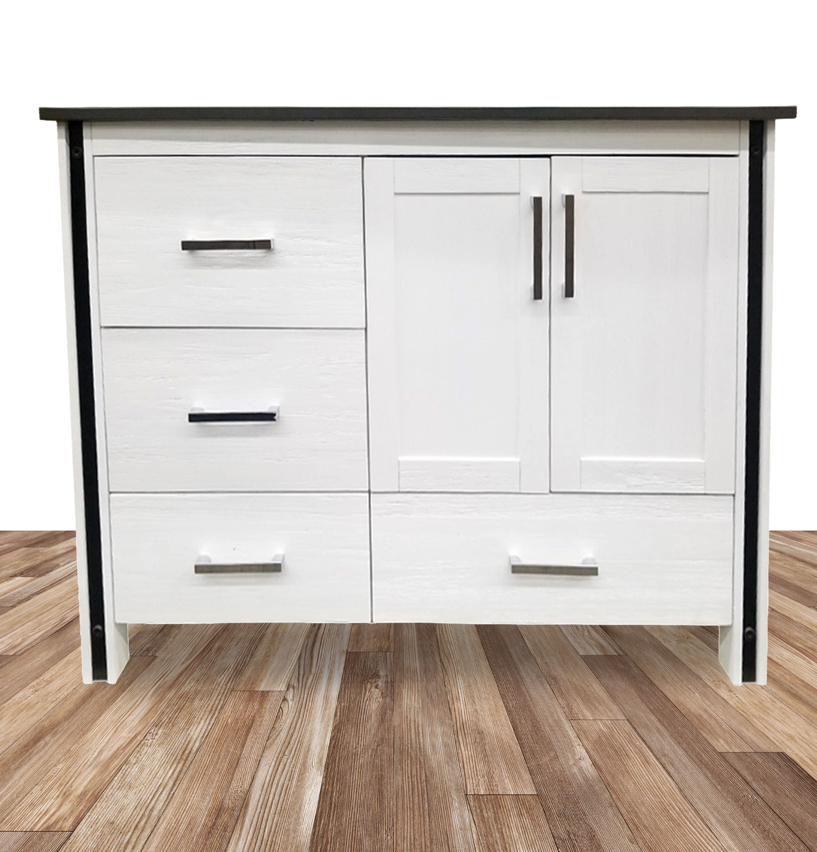 White vanity cabinet with black accents