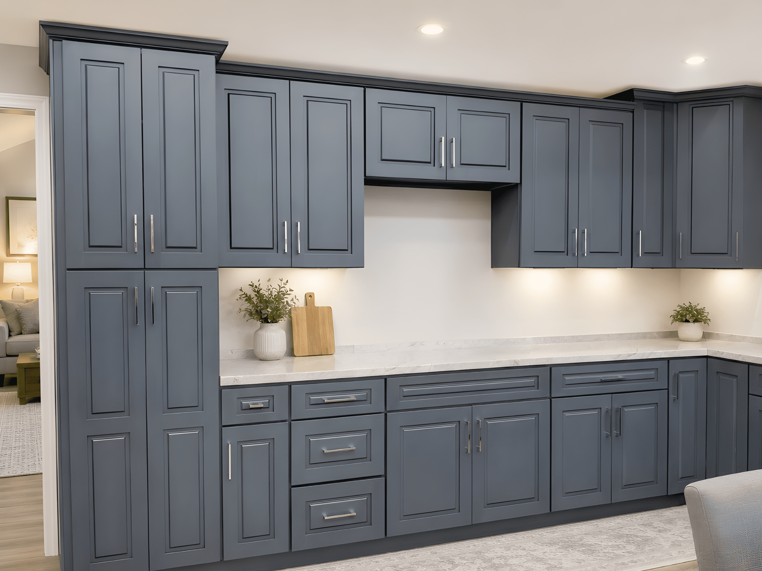 Slate blue kitchen cabinets, full kitchen view