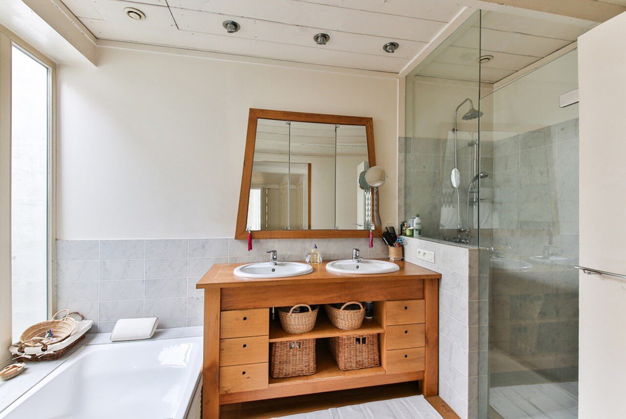 Rustic Bathroom With Shower Door Installed