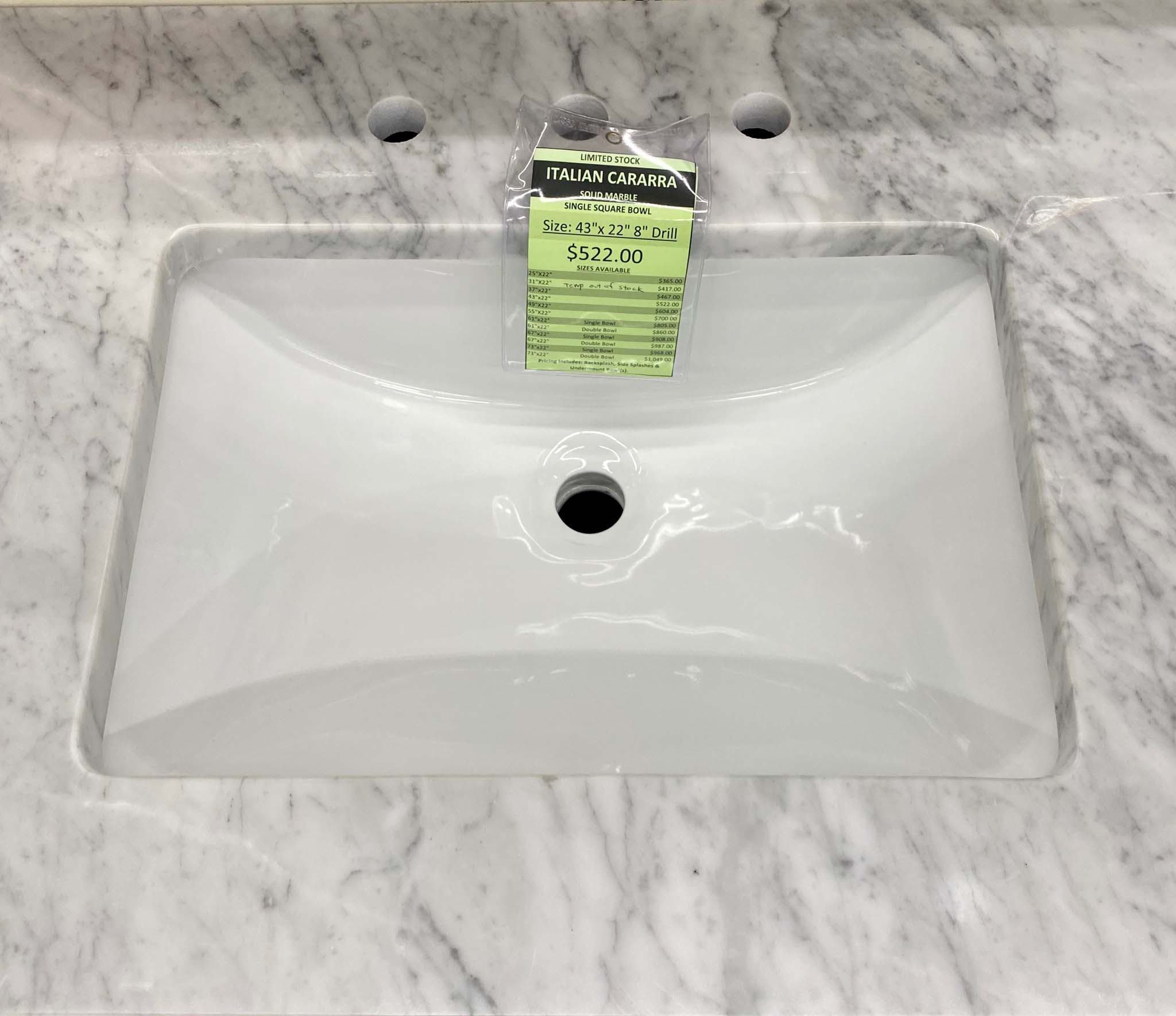Italian Cararra Marble Square Vanity, What Size Vanity Top Do I Need
