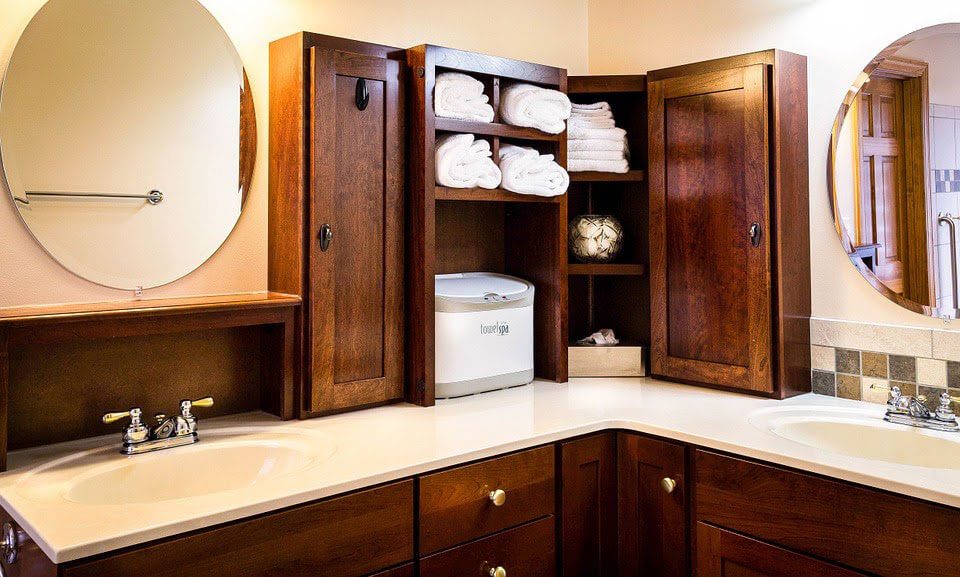 rustic bathroom with open shelves