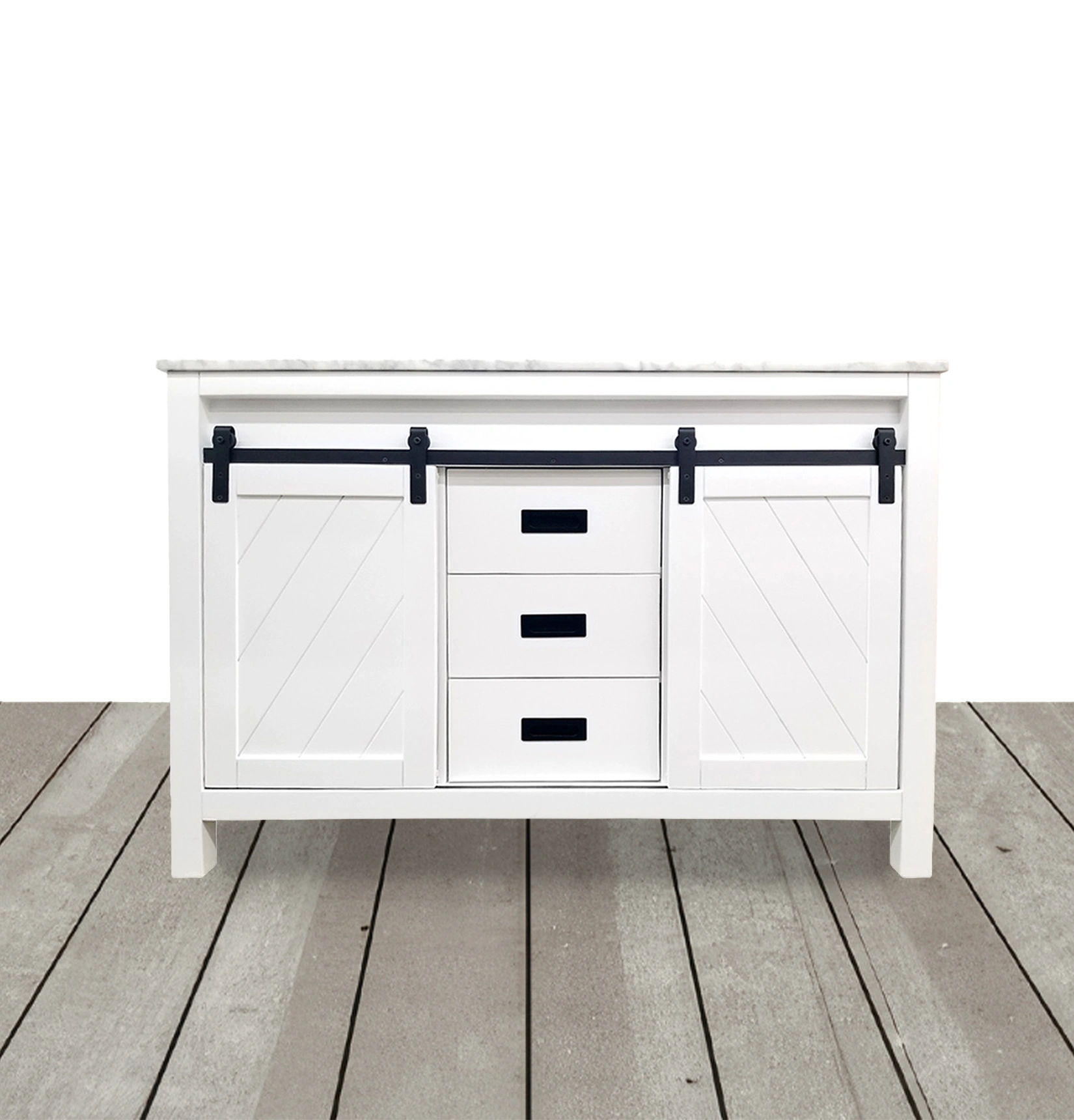 White vanity with sliding barn doors