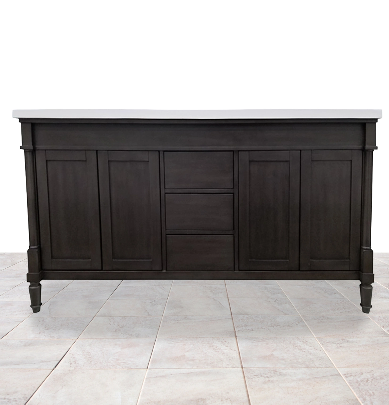 Dark wood bathroom vanity with raised-panel doors drawers and tiled floor
