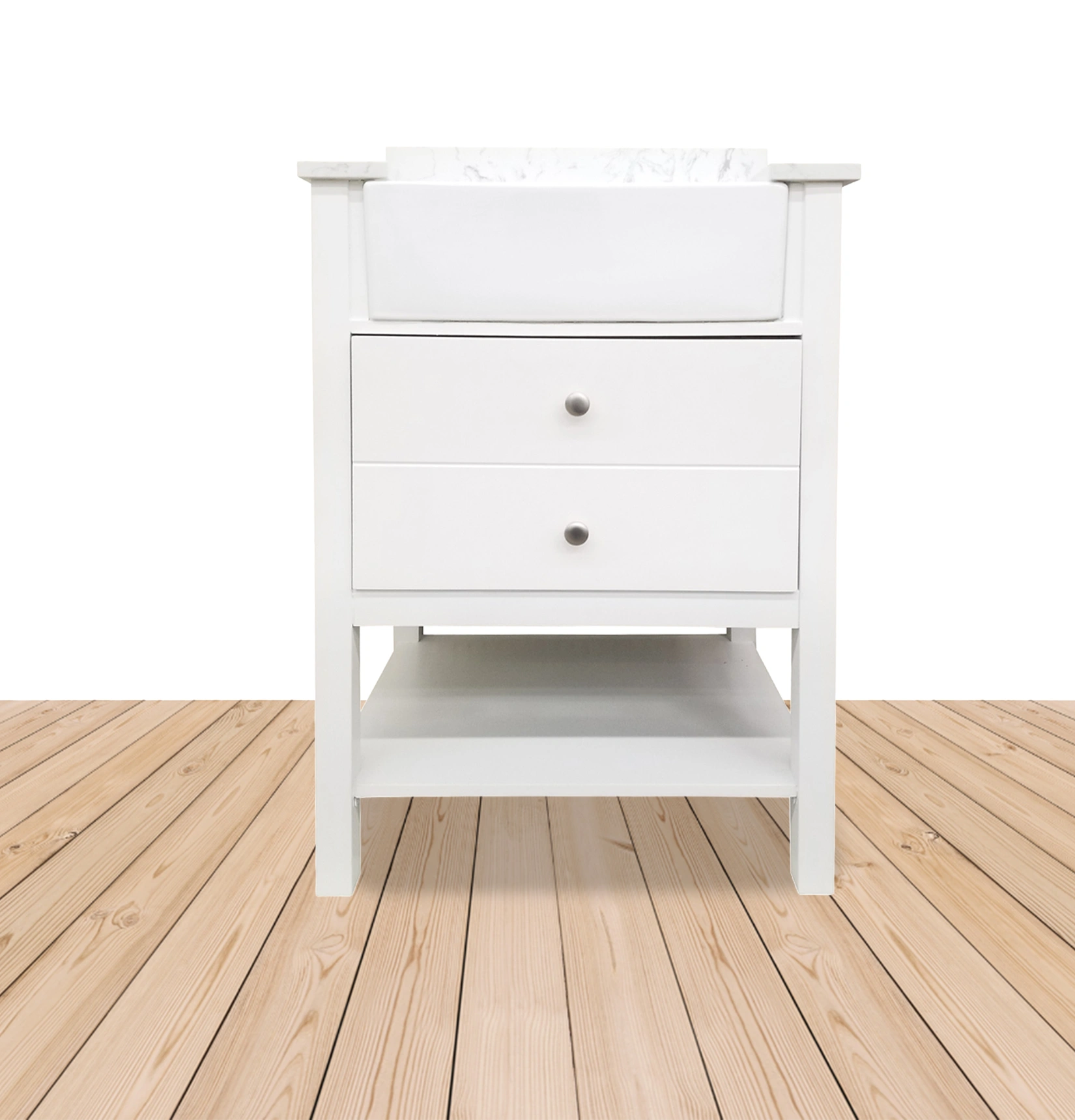 White farmhouse vanity with apron sink, shelf