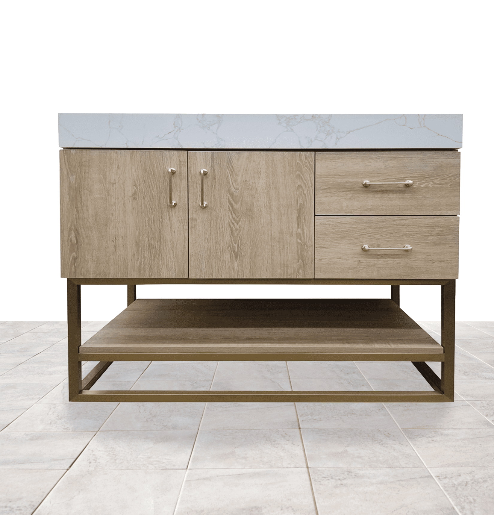 Floating wood vanity with white marble top