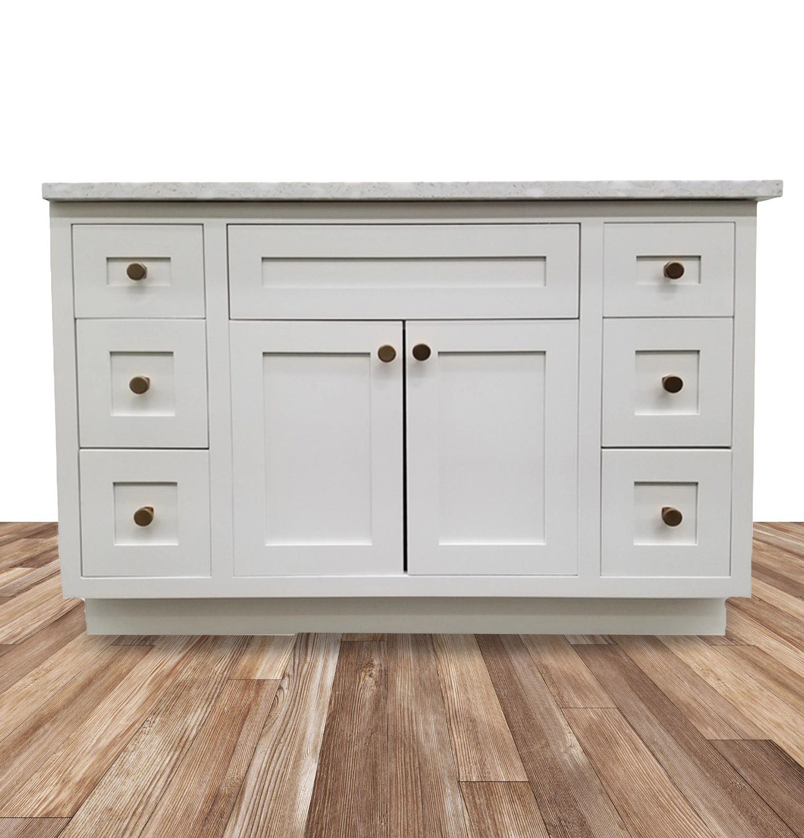 White shaker bathroom vanity with marble top