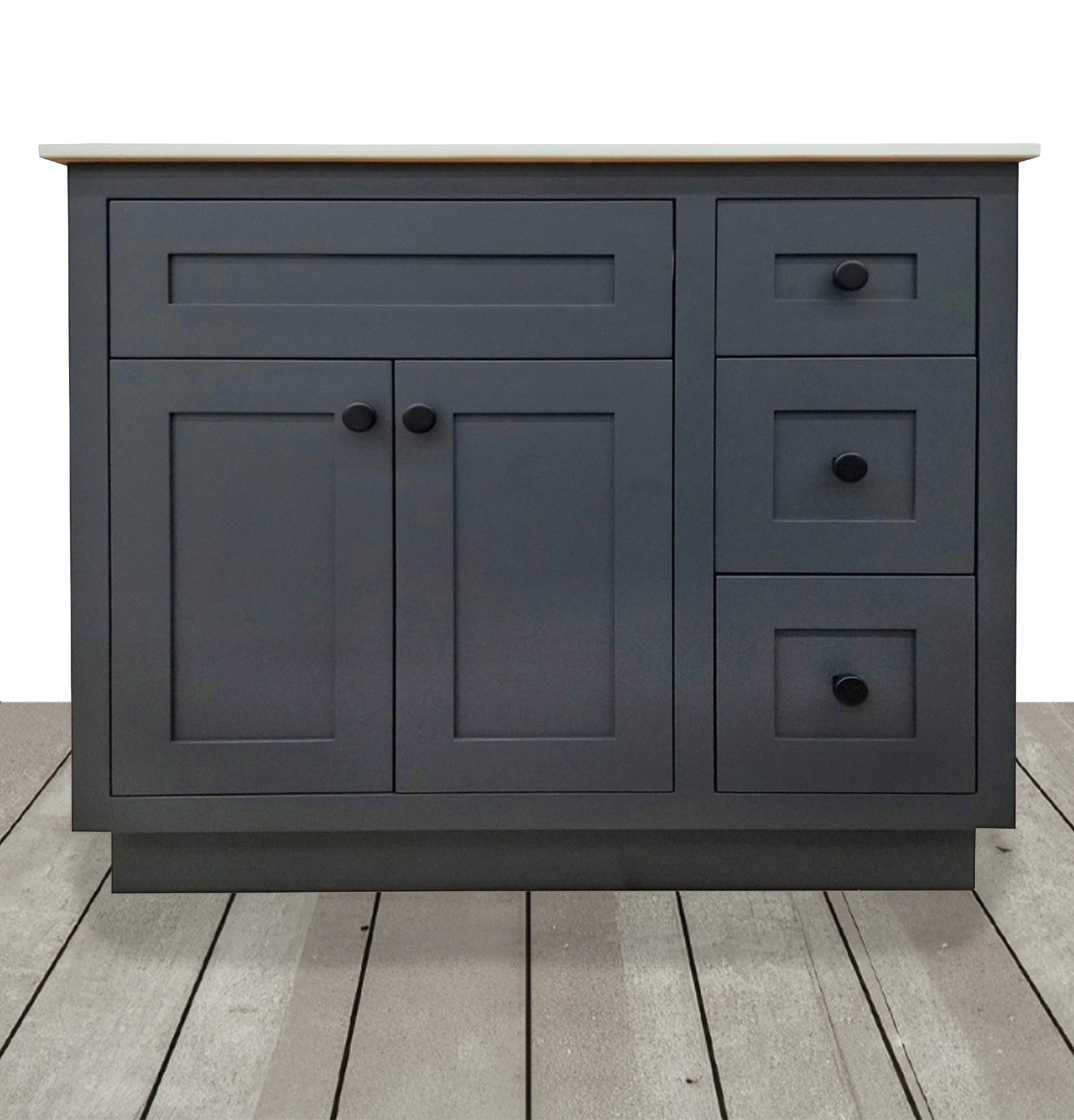 Charcoal grey shaker vanity cabinet with black hardware