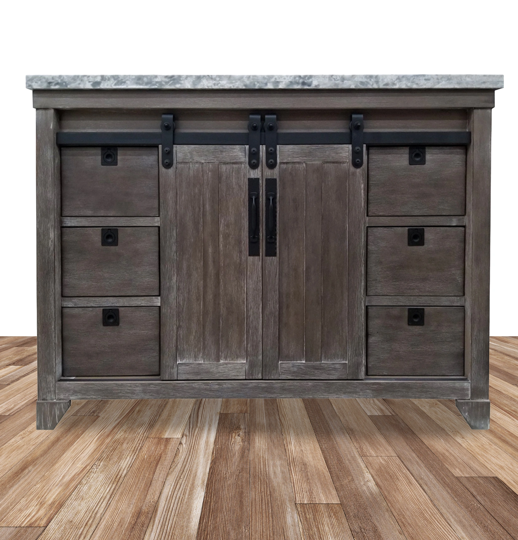 Rustic vanity with sliding barn doors, marble top