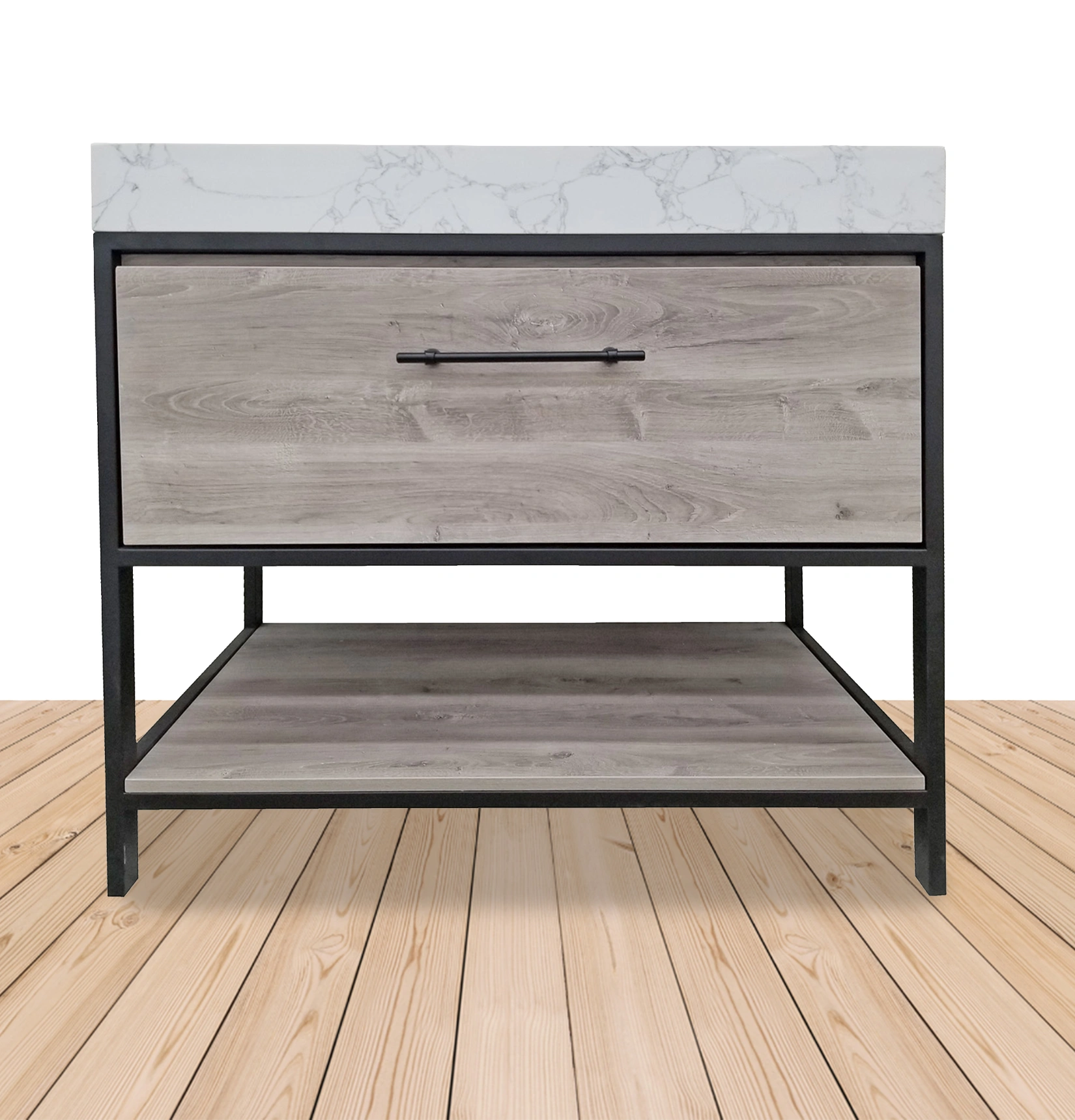 Modern oak nightstand-style vanity, black metal frame