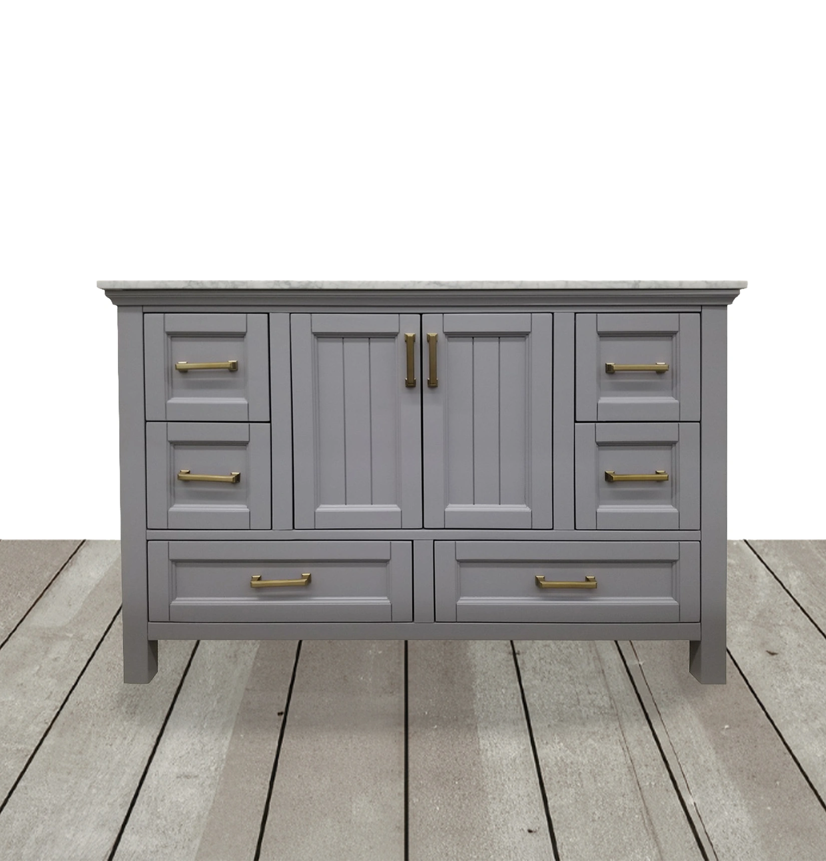 Grey bathroom vanity with marble top, brass hardware