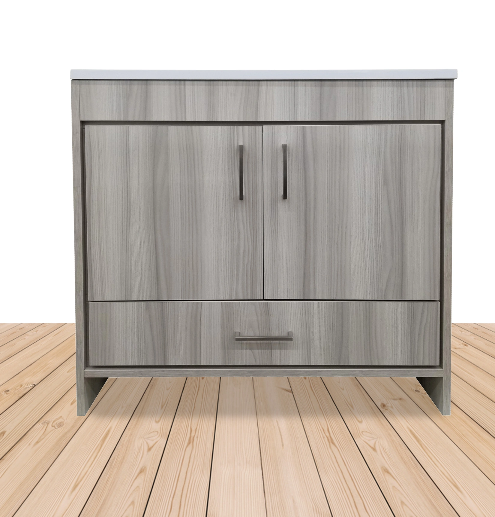 Ash grey vanity cabinet with white countertop