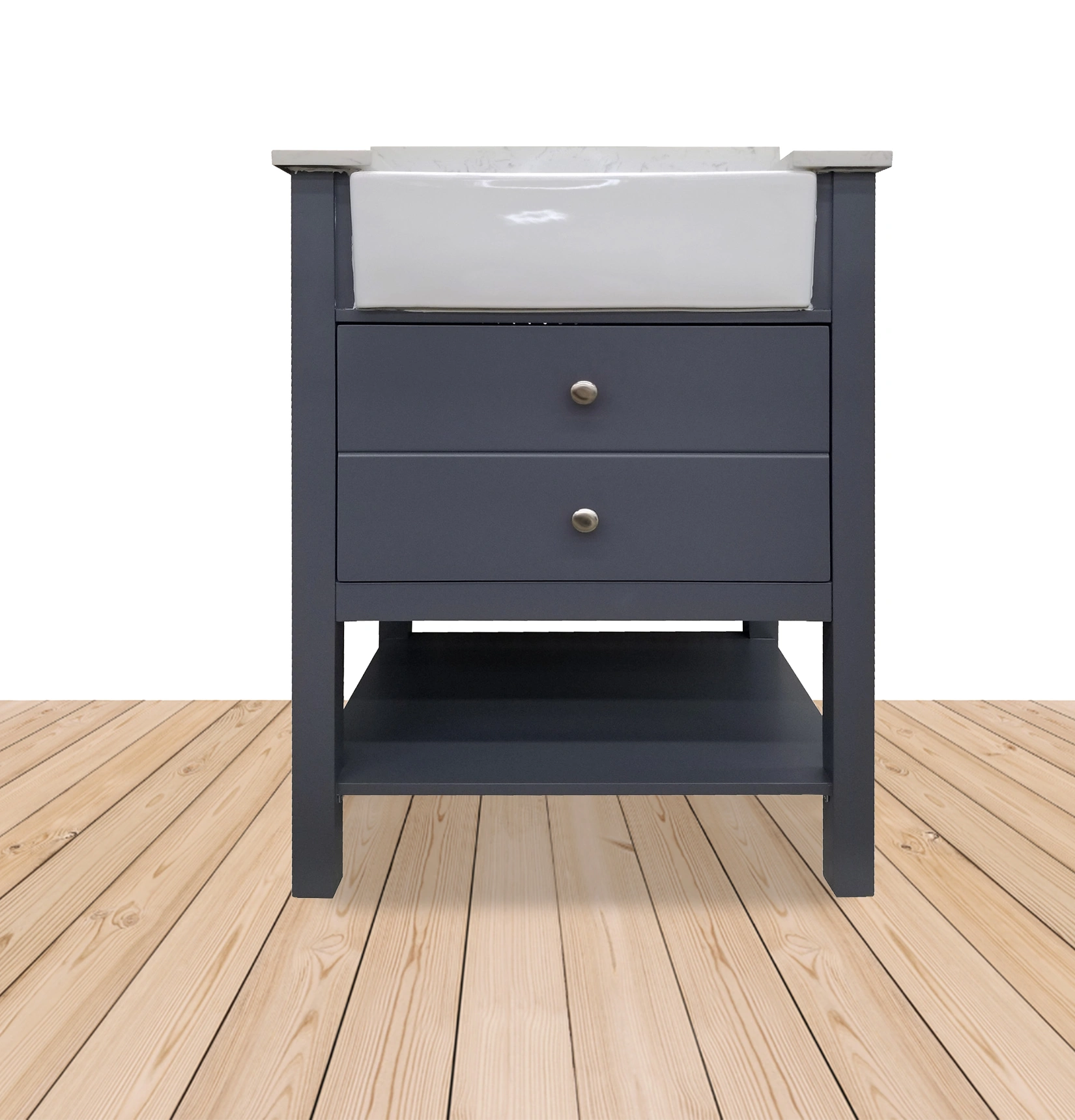 Grey farmhouse vanity cabinet with apron sink