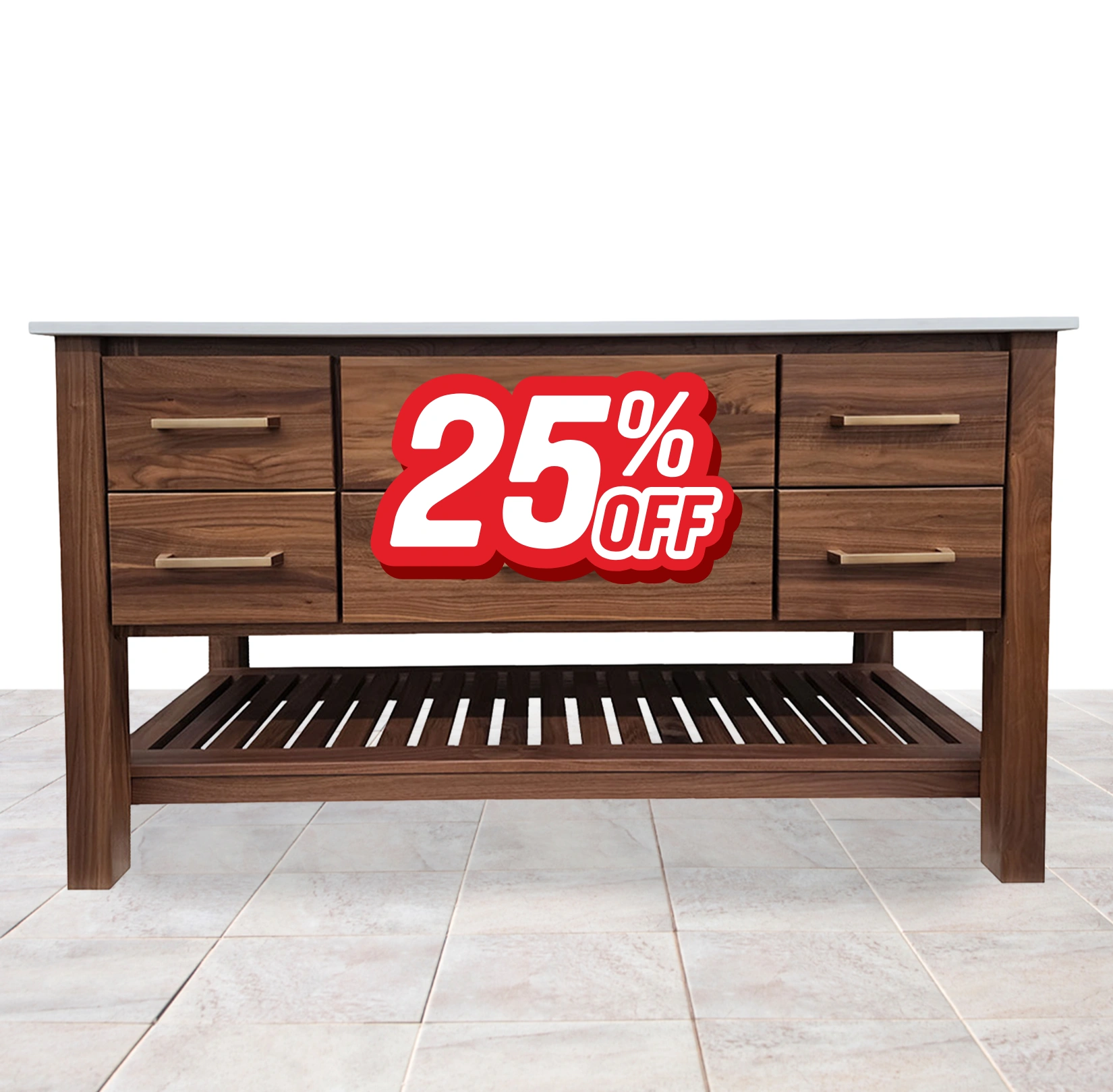 Walnut vanity cabinet with red discount sticker