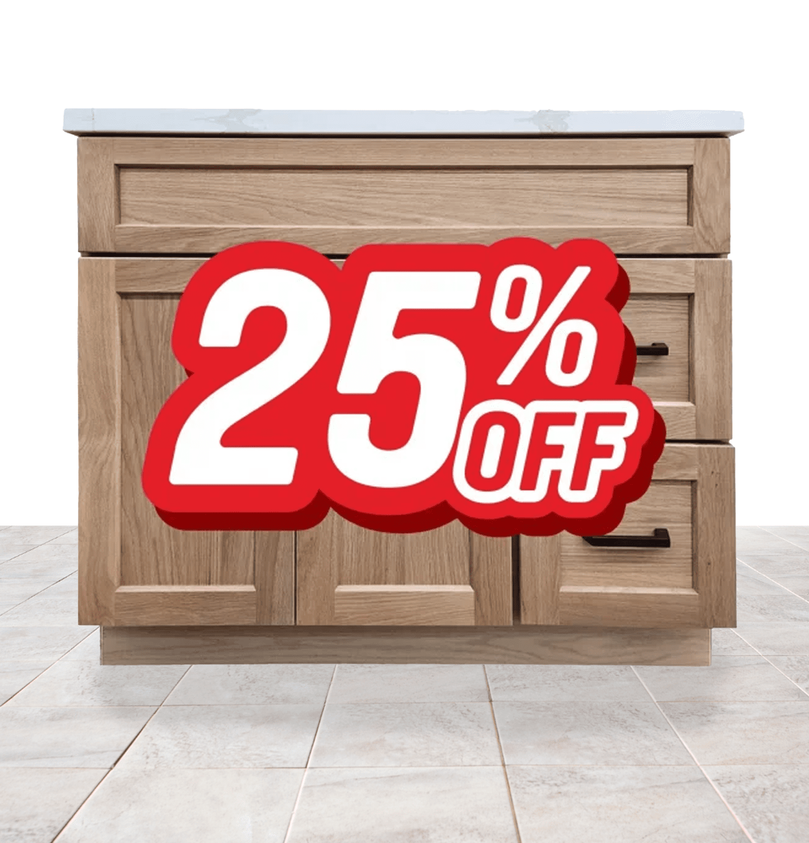 White oak vanity with red discount sticker