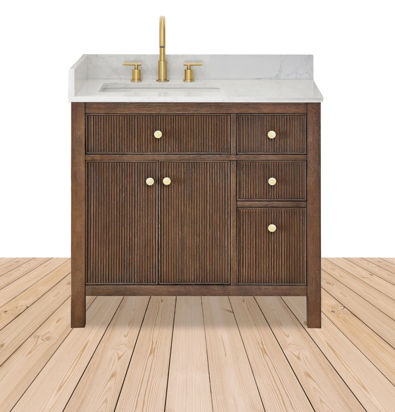 Dark brown reeded vanity cabinet with gold hardware