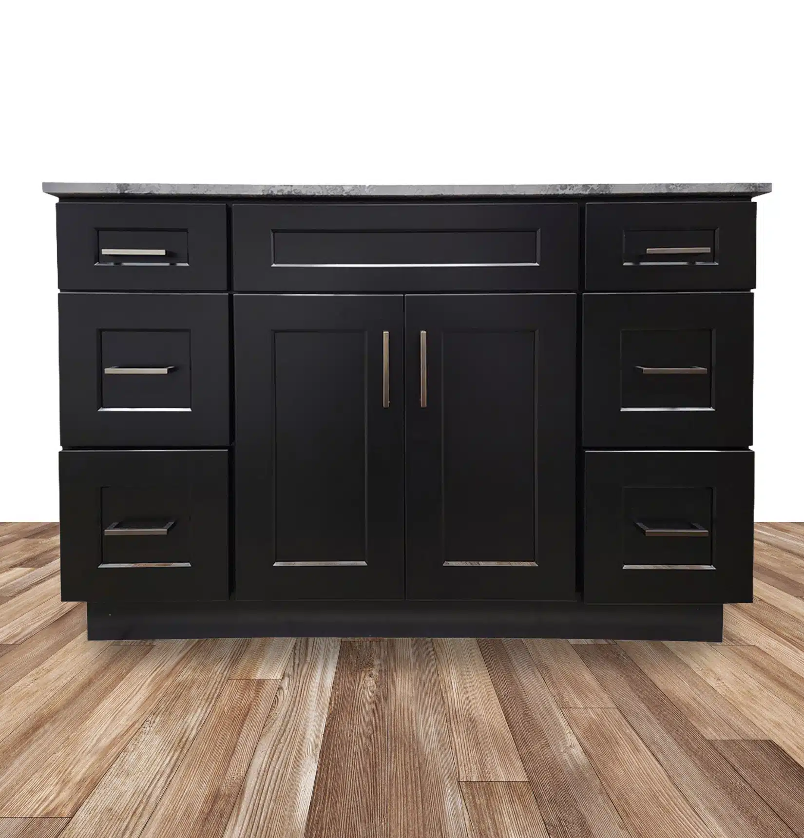 Black bathroom vanity with raised-panel doors, drawers, and stone countertop