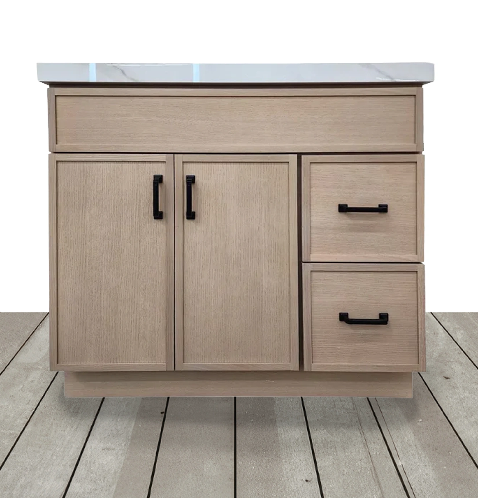 White oak shaker vanity with black pulls