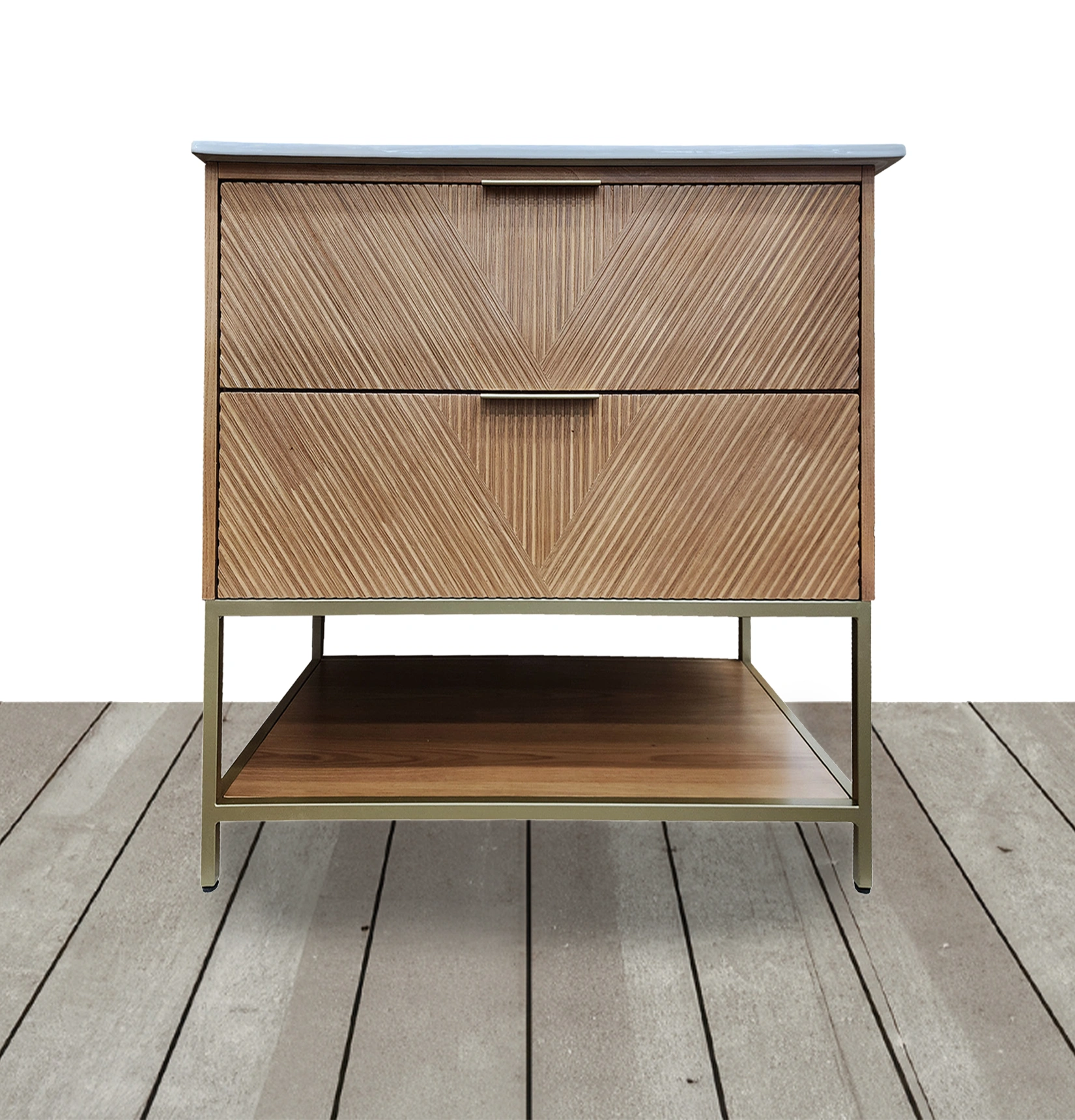 Wooden two-drawer cabinet with geometric line pattern and metal frame