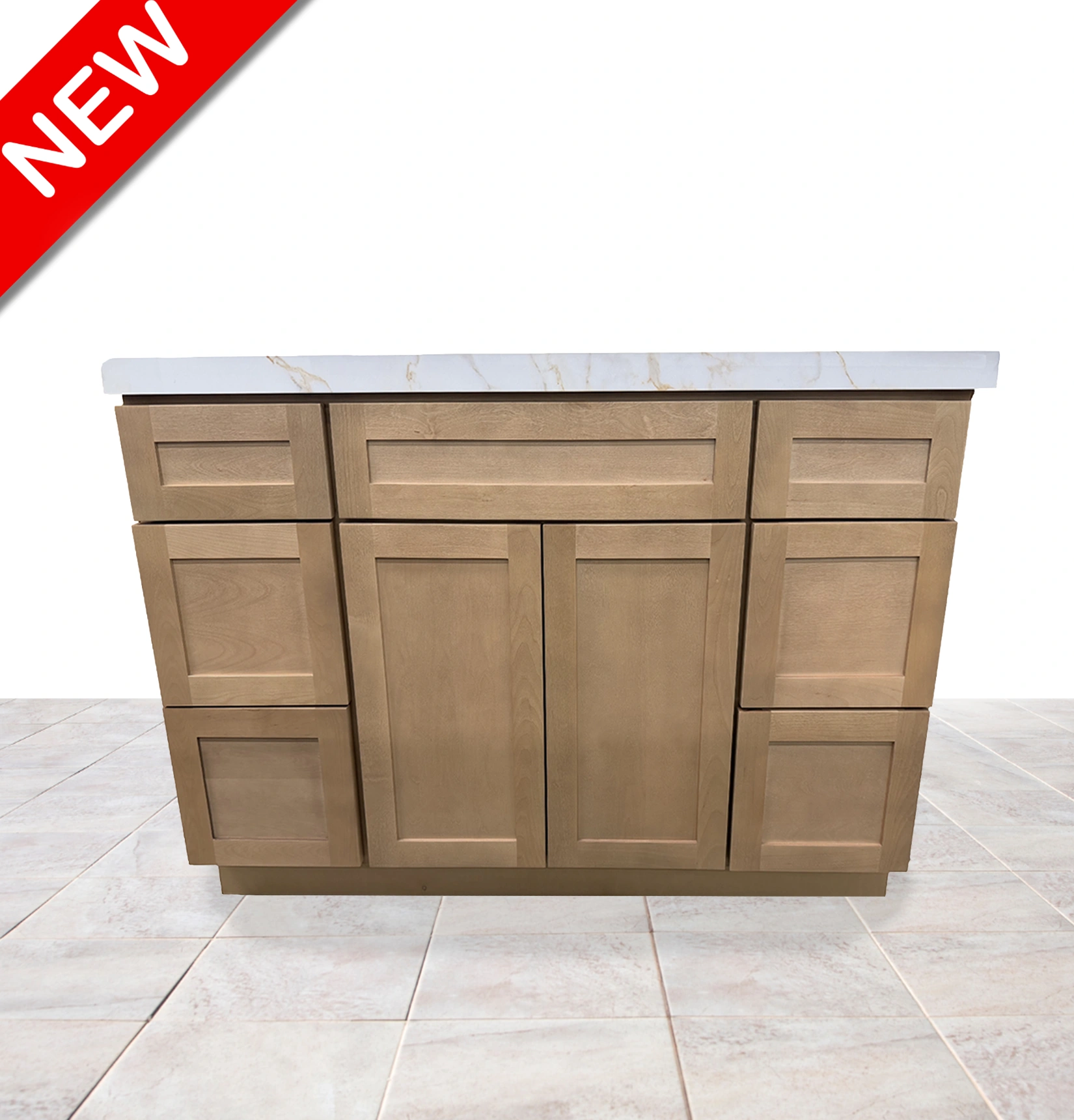 Light beech wood vanity with marble top