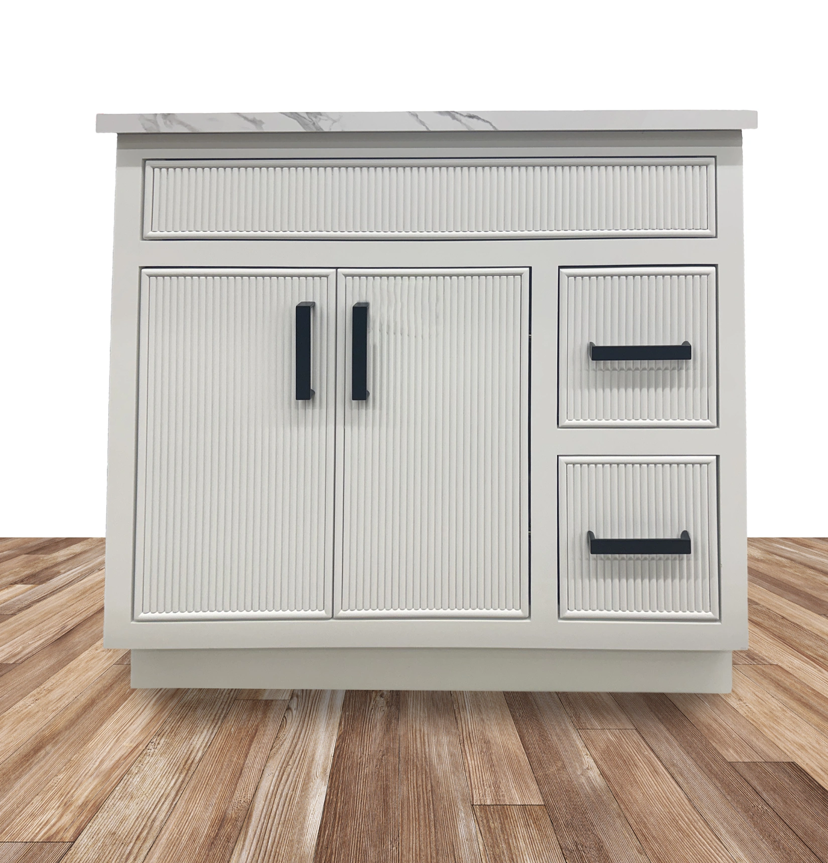 White vanity cabinet with beaded panel doors