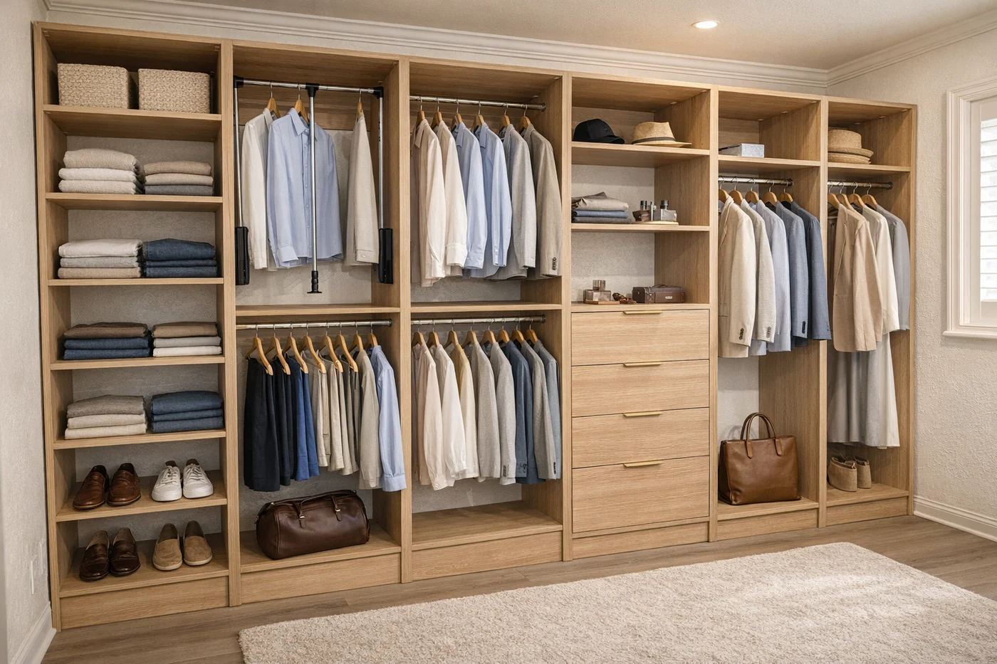 Built-in wood walk-in closet with hanging clothes