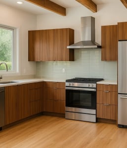Alma “Wood Grain” Parisian Walnut Kitchen Cabinets – Handle Free (3 Week Lead Time)