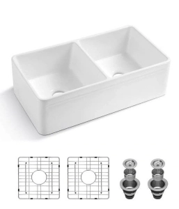 50/50 Porcelain Farmhouse Sink w/ Accessories