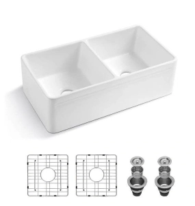 50/50 Porcelain Farmhouse Sink w/ Accessories