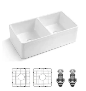 50/50 Porcelain Farmhouse Sink w/ Accessories