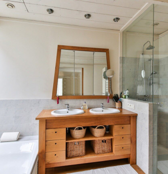 Rustic Bathroom With Shower Door Installed